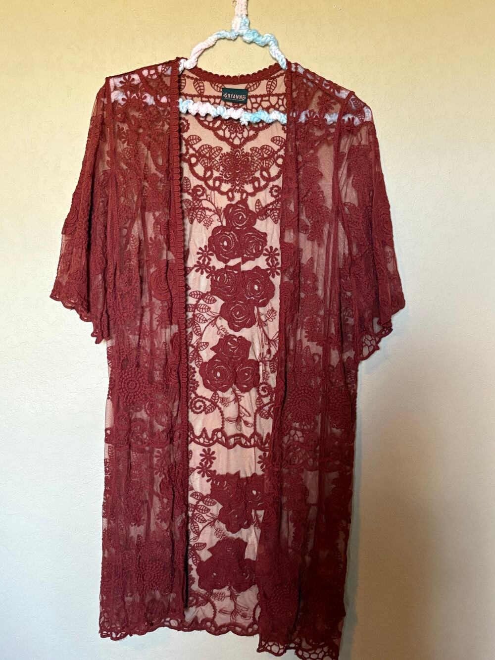 Shyanne Women's Lace Kimono Duster Burgundy Floral Crochet